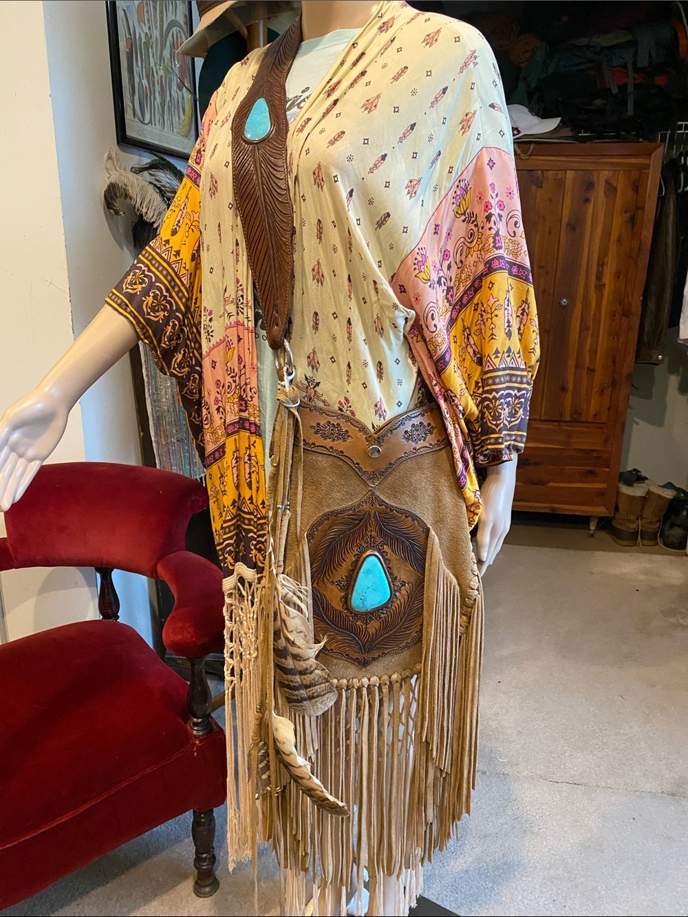 Buffalo Girl Handcrafted Fringe Leather Crossbody Bag with Turquoise Stones